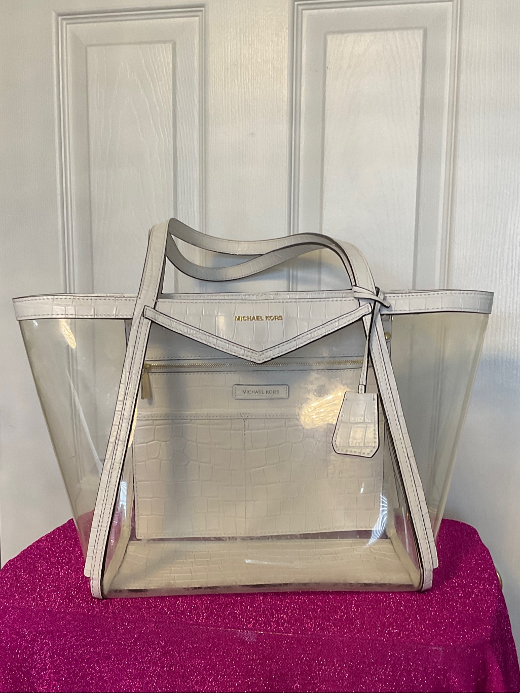 Michael Kors Clear Tote With White Croc-Texture Trim